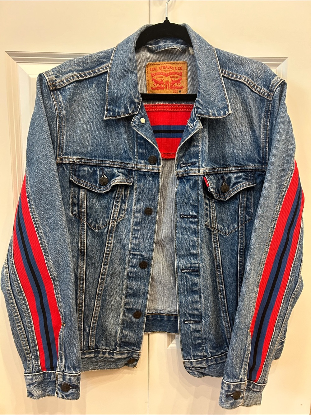 Levi's Denim Jacket with Red and Navy Stripe Sleeves